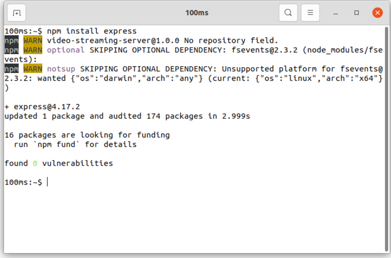 Screenshot for Installing Express