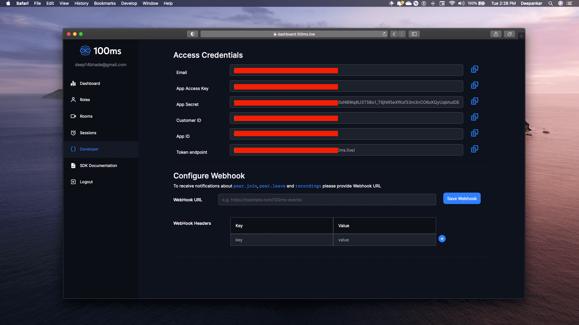 100ms Dashboard Showing Access Credentials