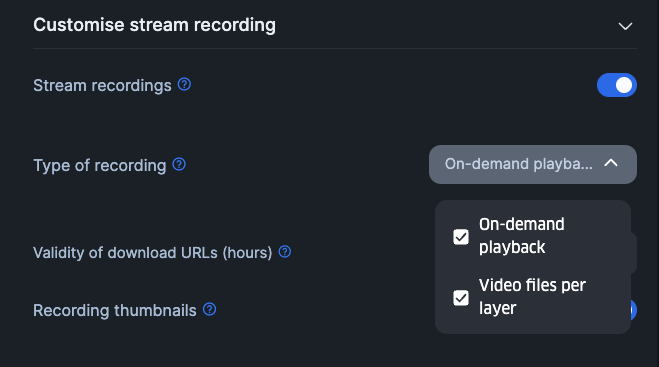 Screenshot showing stream recording settings