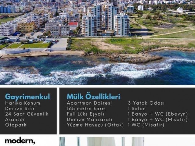 MAĞUSA SEA HAUSE REZİDANCEDE DENİZE SIFIR SİTE İÇİNDE FULL EŞYALI 3+1  LÜX  DAİRE  