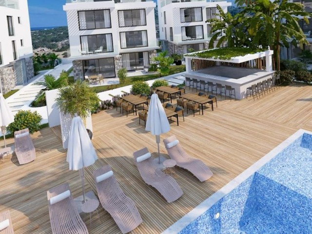 KIBRIS TATLİSU'DA  DENİZE 200 METRE LUXURYSALOS 1+1 BAHCEKATI DAİRE ORTAK HAVUZLU