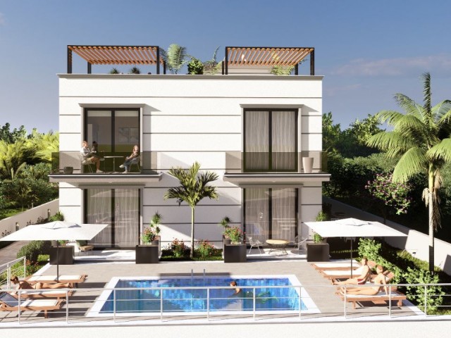 آپارتمان 1+1 برای فروش در منطقه قبرس GIRNE ÇATALKÖY با کف باغ و گزینه های تراس و استخر مشترک