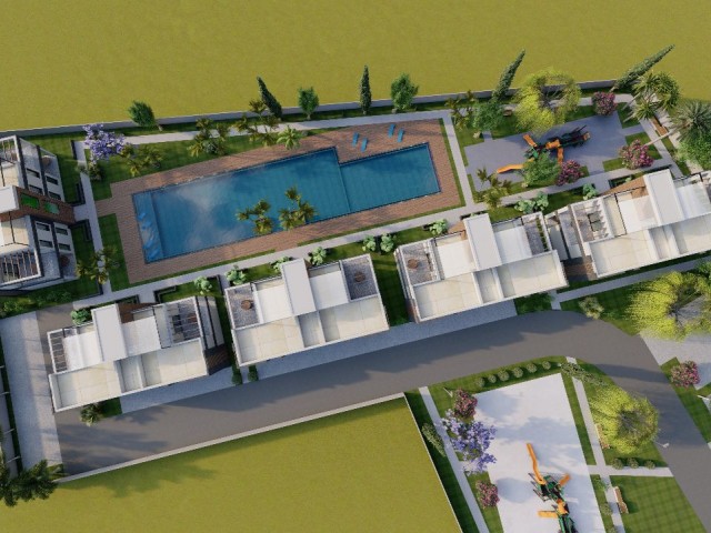 2+1 apartments with private garden  for sale in Iskele. Residential complex with huge public pool and a lot of facilities as hamam, gym, parking lot and etc. Price starts from 152.000 GBP