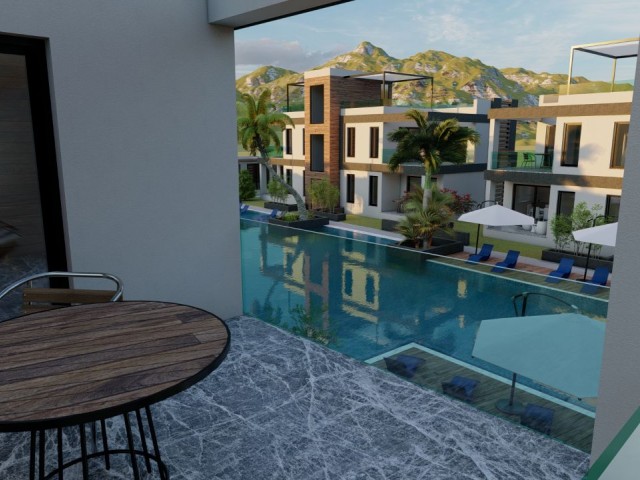 2+1 apartments with private garden  for sale in Iskele. Residential complex with huge public pool and a lot of facilities as hamam, gym, parking lot and etc. Price starts from 152.000 GBP