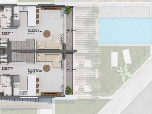 Loft-Penthouse-Wohnung mit 1 Schlafzimmer und 2 Bädern in einem atemberaubenden neuen Projekt neben einem Bach in einer ruhigen Gegend von Tatlisu!