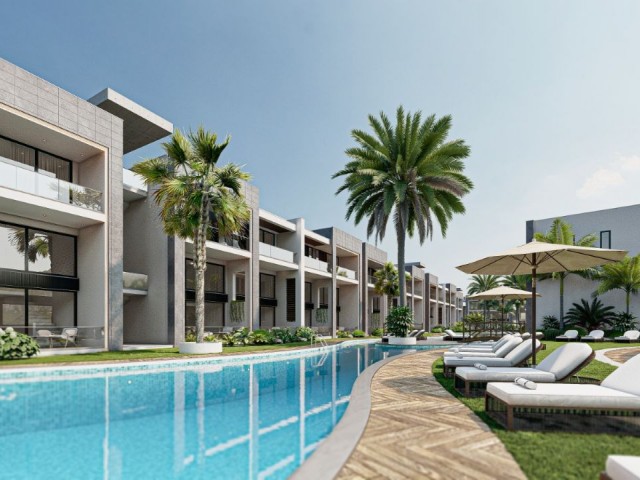 Unser neues Projekt mit 1, 2 und 3 Schlafzimmern (Loft & Studio, Penthouse und ähnliches) mit Pool und Restaurant, das eines der größten Projekte von Girne Karşıyaka sein wird