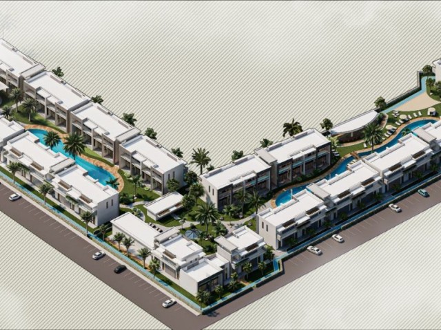 Unser neues Projekt mit 1, 2 und 3 Schlafzimmern (Loft & Studio, Penthouse und ähnliches) mit Pool und Restaurant, das eines der größten Projekte von Girne Karşıyaka sein wird