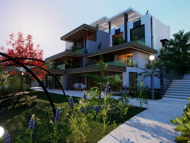 Unser neues Projekt in Girne Esentepe, 200 Meter vom öffentlichen Strand von Esentepe entfernt, mit LOFT- und Gartenwohnungsoptionen mit 2 und 1 Schlafzimmern, gemeinsamem Innen- und Außenpool