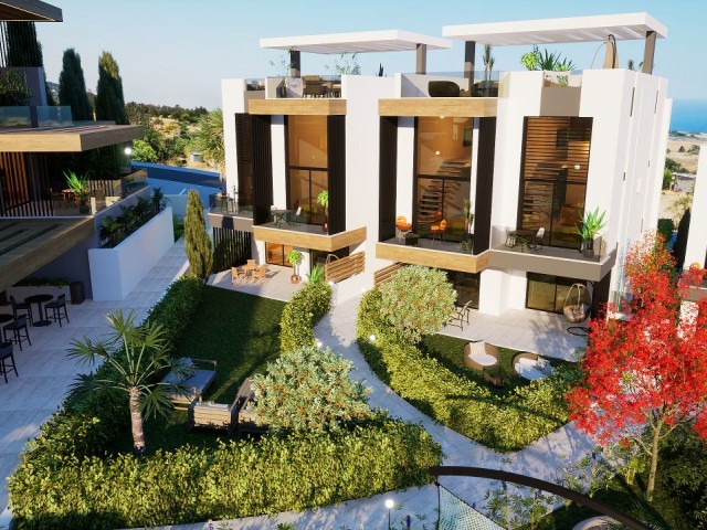 Unser neues Projekt in Girne Esentepe, 200 Meter vom öffentlichen Strand von Esentepe entfernt, mit LOFT- und Gartenwohnungsoptionen mit 2 und 1 Schlafzimmern, gemeinsamem Innen- und Außenpool