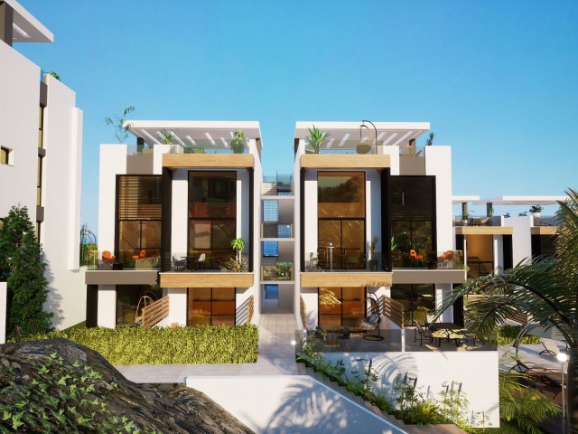 Unser neues Projekt in Girne Esentepe, 200 Meter vom öffentlichen Strand von Esentepe entfernt, mit LOFT- und Gartenwohnungsoptionen mit 2 und 1 Schlafzimmern, gemeinsamem Innen- und Außenpool