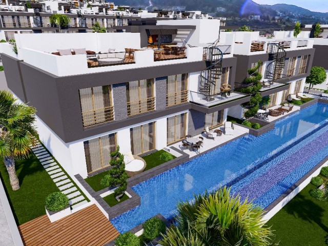 Our New Project with 1 Bedroom Studio, Different Villas and Apartments with Social Areas and Common Pools and Saunas in Girne Lapta