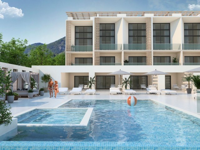 Unser neues Projekt in Girne Lapta, bestehend aus Apartments mit 1 und 2 Schlafzimmern, Berg- und Meerblick, Loft- und Maisonette-Wohnungen mit Gemeinschaftspool