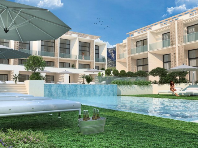 Unser neues Projekt in Girne Lapta, bestehend aus Apartments mit 1 und 2 Schlafzimmern, Berg- und Meerblick, Loft- und Maisonette-Wohnungen mit Gemeinschaftspool