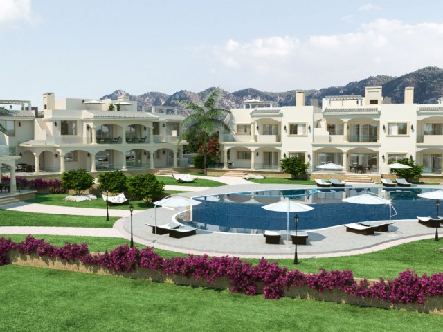 Unsere neuen Häuser in Girne Esentepe mit Apartments mit 2 und 3 Schlafzimmern, Garten und Penthouse mit Whirlpool-Optionen auf dem Dach am Meer