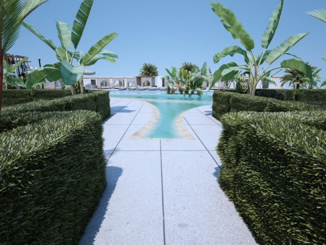 Kyrenia Esentepe 2 & 3 Schlafzimmer Central Sunbed Shared Pool mit Sonnenliegen Back Mountain Front Open to the Sea Unser neues Projekt