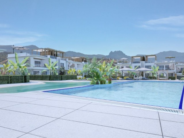 Kyrenia Esentepe 2 & 3 Schlafzimmer Central Sunbed Shared Pool mit Sonnenliegen Back Mountain Front Open to the Sea Unser neues Projekt