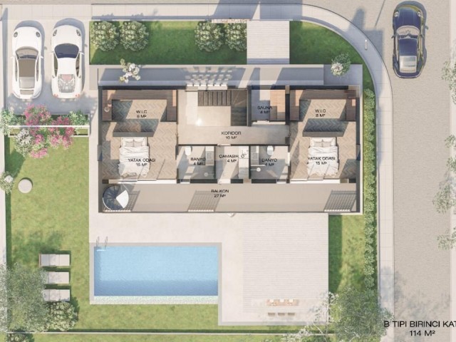 Unser neues Projekt in Esentepe, Girne, bestehend aus freistehenden Häusern mit 3 und 4 Schlafzimmern sowie einem Pool mit Sauna und Sonnenliegen