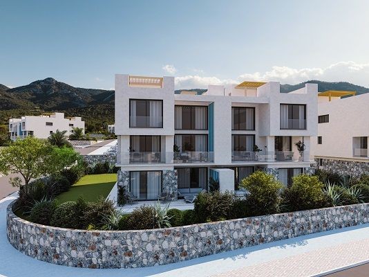 Luxuriöses Gartenapartment mit 1 Schlafzimmer, Duplex-Penthouse und Bungalow am Meer zum Verkauf in Küçük Erenköy, Famagusta