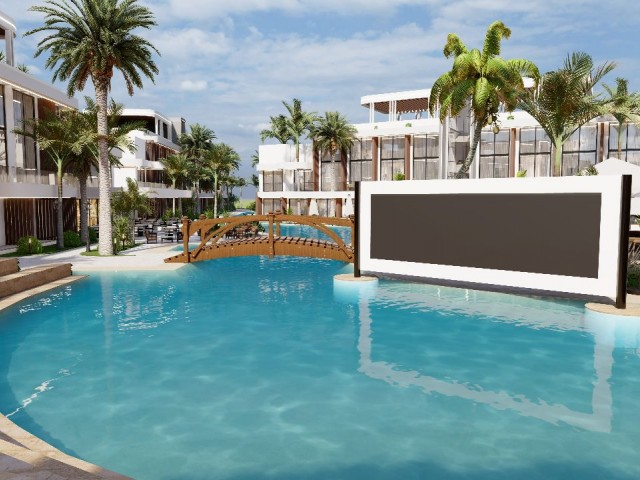 Özel havuzlu ve bahçeli veya donanımlı çatı teraslı 2+1 (58 m2), 123 m2 launch fiyatıyla, ödeme planıyla, %40 giriş ücreti ve 3 yıl taksitli! Kendi beach club'ı olan bir komplekste