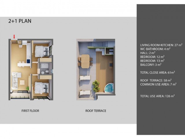 2+1  with a private pool and garden or equipped roof terrace (58 sq.m), 123 sq.m at tle launch prices with a payment plan, 40% entrance fee and installment of 3 years!  In a complex with its own beach club