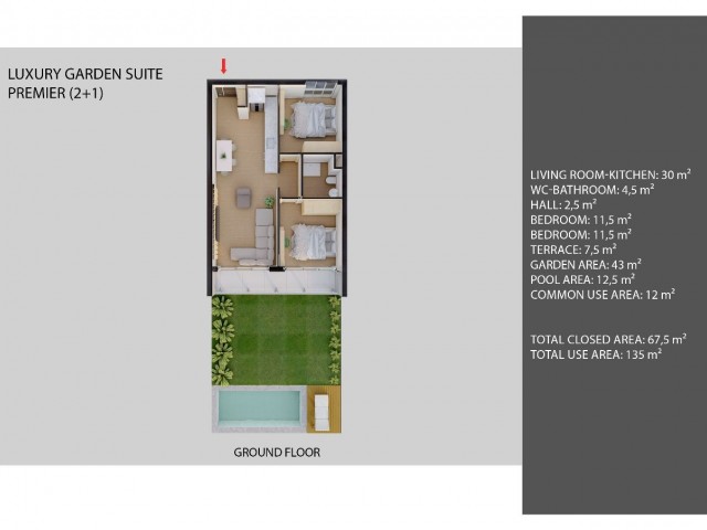 2+1  with a private pool and garden or equipped roof terrace (58 sq.m), 123 sq.m at tle launch prices with a payment plan, 40% entrance fee and installment of 3 years!  In a complex with its own beach club