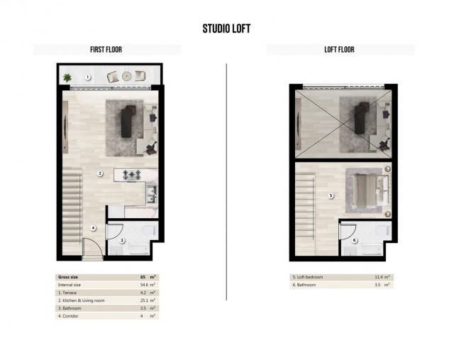 1+2 Loft-Zweizimmerwohnung zu verkaufen in einem neuen Projekt in Iskele Bogaz