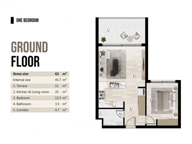 1+2 Loft-Zweizimmerwohnung zu verkaufen in einem neuen Projekt in Iskele Bogaz