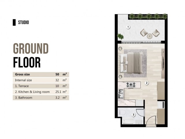 1+2 Loft-Zweizimmerwohnung zu verkaufen in einem neuen Projekt in Iskele Bogaz