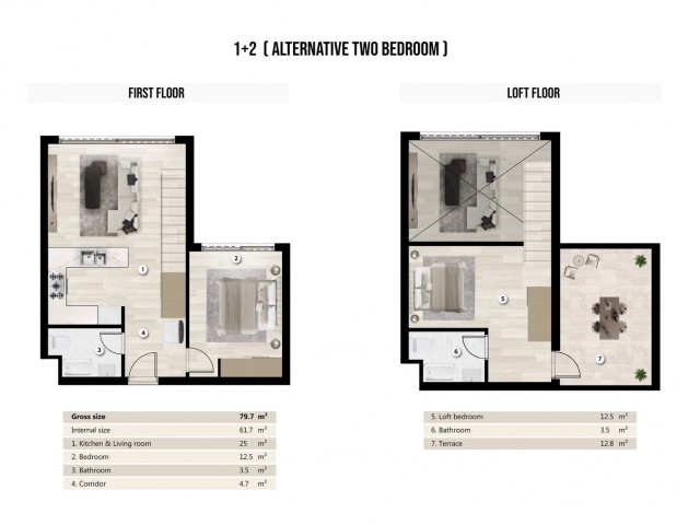 1+2 Loft Two-Bedroom Apartment for Sale in a New Project in Iskele Bogaz