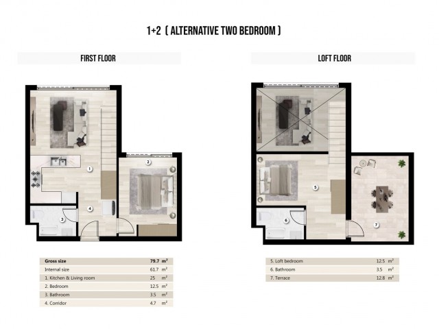 İskele Boğaz'da Yeni Projede Satılık 1+2 Loft İki Yatak Odalı Daire