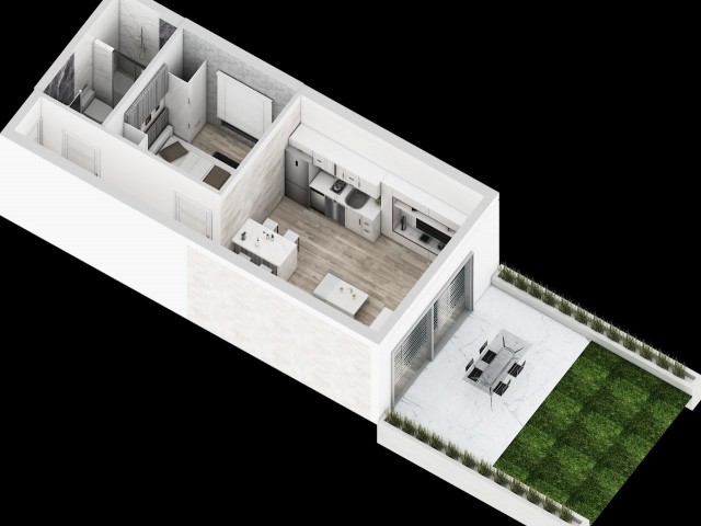 1+1: Total area 54.22 m², living area 34.97 m² with private terrace and garden. Location - Yeni Eren