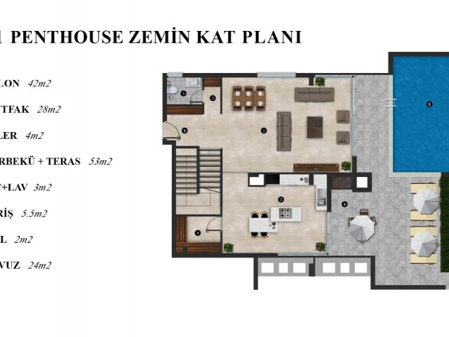 3+1 Дуплекс Пентхаус. 200 м² закрытая территория, 90 м² терраса, 30 м² частный бассейн и бесконечный вид на море.