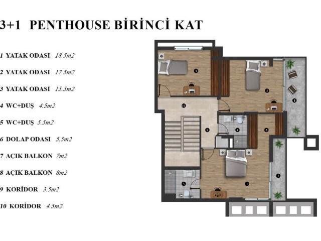 3+1 Duplex-Penthouse. 200 m² geschlossener Bereich, 90 m² Terrasse, 30 m² privater Pool und endloser Meerblick.