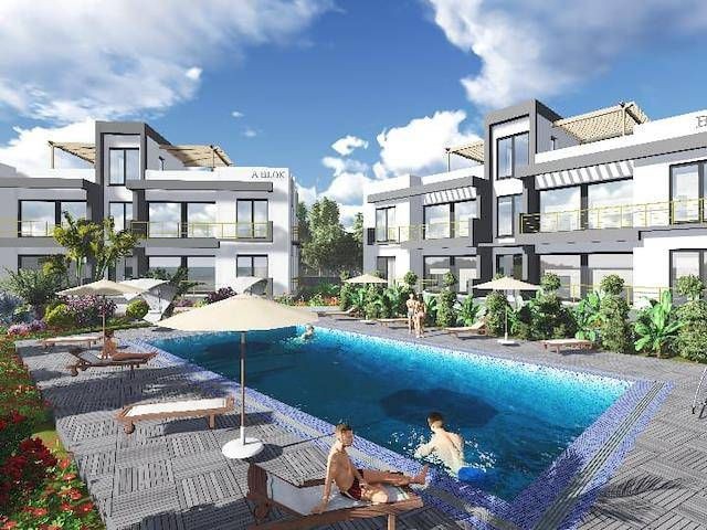 2+1 Wohnung zum Verkauf mit privatem Garten auf einem Grundstück mit Pool in Kyrenia Aslancak