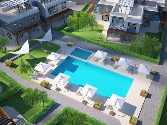 Turkish deed apartments in a complex with a pool, 300m from the sea in Karsiyaka, Girne. With ground floor or upper floor terrace options.05338403555 ** 