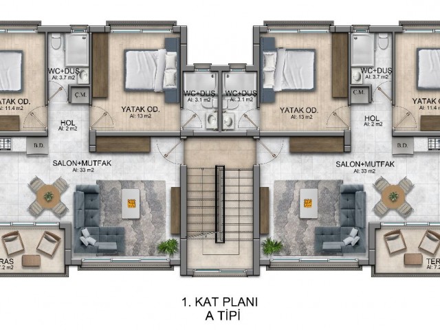 GİRNE, LAPTA - DENİZE 500M MESAFEDE YEPYENİ 2+1 DAİRE PROJESİ!