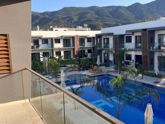 1+1 Brand New Flat for Sale with a Large Terrace in a Site with a Pool in Alsancak, Kyrenia