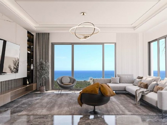 1+1 NEW LUXURY FLATS WITH SEA VIEW FOR SALE IN İSKELE LONG BEACH, WALKING DISTANCE TO THE SEA