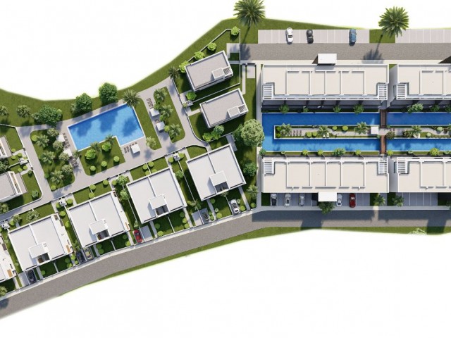 2+1 Wohnungen mit Gartengeschoss und Dachterrasse zu verkaufen in einem Komplex in Zypern Iskele Long Beach Area