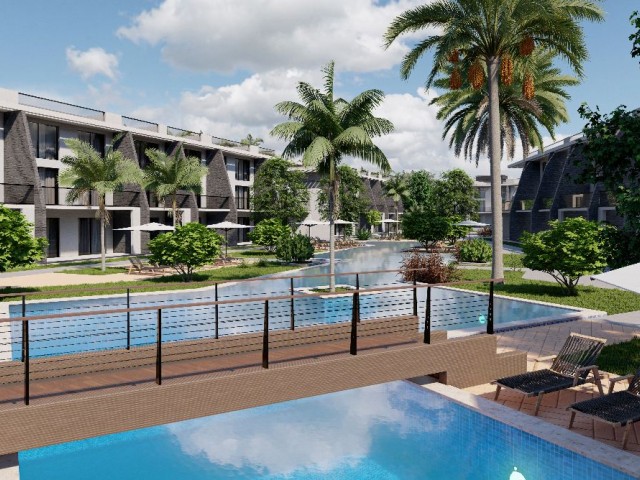 1+1-Wohnungen mit Gartenboden und Dachterrasse zum Verkauf auf dem Gelände in der Gegend von Iskele Long Beach auf Zypern