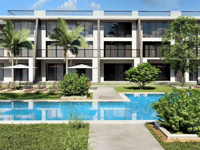 1+1-Wohnungen mit Gartenboden und Dachterrasse zum Verkauf auf dem Gelände in der Gegend von Iskele Long Beach auf Zypern