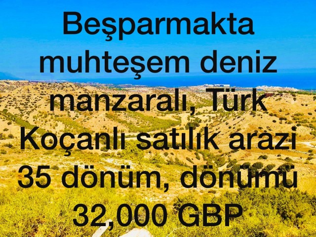 Beşparmak'ta muhteşem Türk koçanlı, deniz manzaralı satılık arsa 35 dönüm, dönümü 32,000 GBP