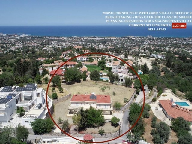 Bellapais’te Önü Kapanmaz Muhteşem Manzaralı satılık 2 800 m2 arsa + 450 m2 villa