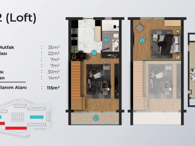 1+0, 1+1, LOFT-LUXUSWOHNUNGEN ZUM VERKAUF IN İSKELE / BOGAZ