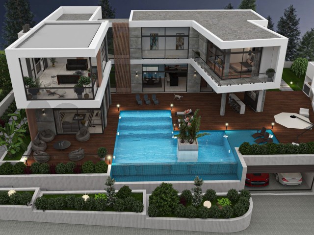 Detached Ultra Luxury 5+2 Horizontal Architectural Villa with Full Sea View for Sale in Bellapais, Kyrenia