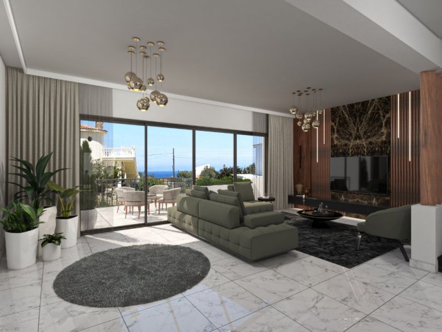 Modernes Design, 500 Meter vom Meer entfernt, Gelegenheit 3+1 Villa zum Verkauf in Karşıyaka, Kyrenia mit Meer- und Bergblick