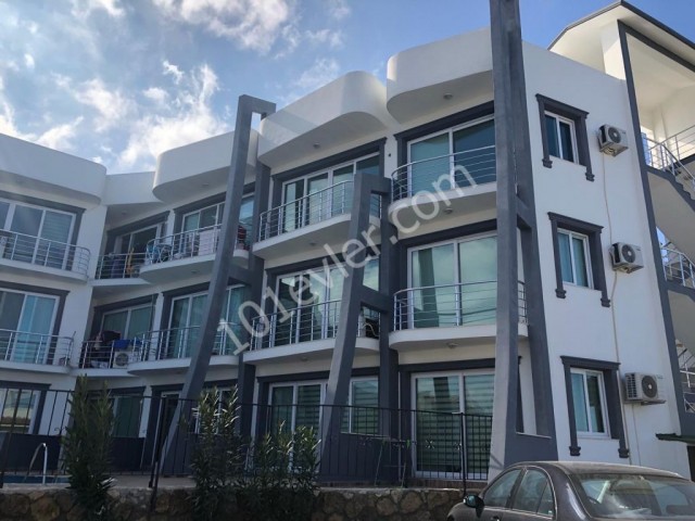 Komplett möbliertes Studio-Apartment zum Verkauf in Alsancak, nur wenige Gehminuten von der Hauptstraße entfernt, mit Gemeinschaftspool und Dachterrasse mit Meerblick.