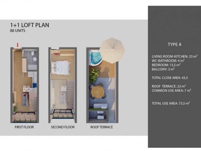 1+1 Wohnung mit herrlichem Terrassen-Loft zum Verkauf in der Gegend von Iskele Long Beach