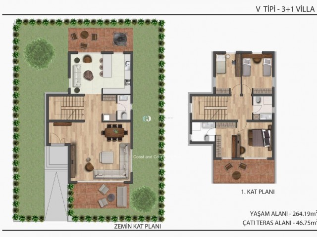 3+1 müstakil lüks villa, özel bahçeli ve çatı teraslı