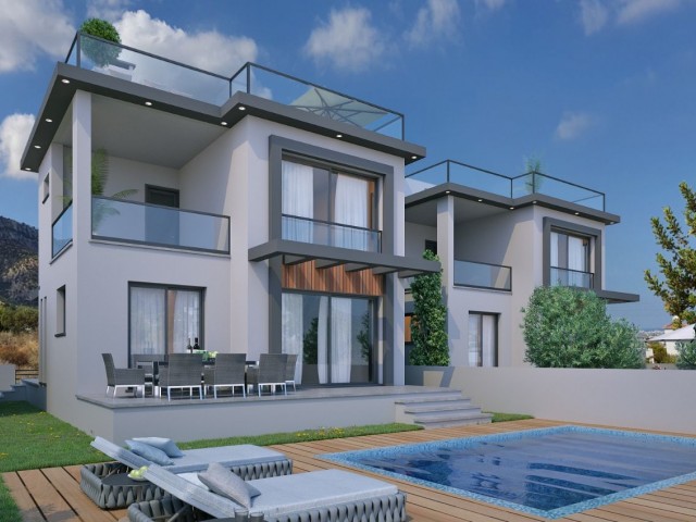 High-rise villas with mountain and sea views and private pools in Çatalköy.